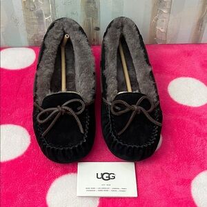 UGG Bella II suede moccasin slipper in black with shearling linin